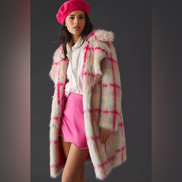 NVLT Anthropologie Hot Pink Faux Fur Plaid Ken Barbie Coat XS NWT - Picture 1 of 4